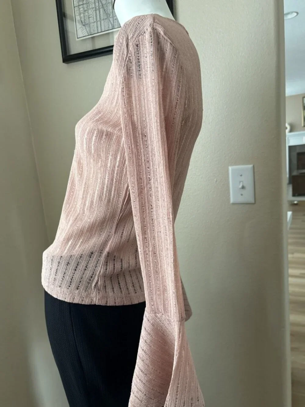 NWT Supertrash Blush Pink Sheer Pointelle Knit Bell Sleeve V-Neck Top Size XS